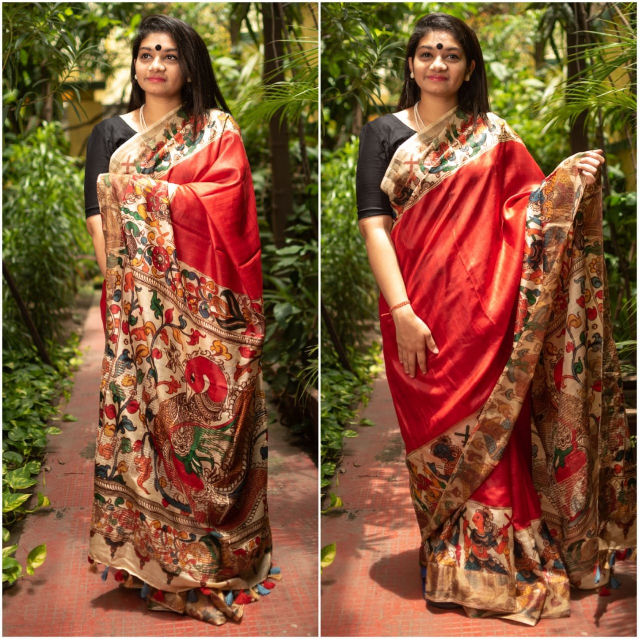 Crimson Red & Black Hand Block Bishnupuri Pure Silk Saree – Craftyle