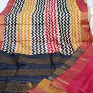 Pure zari border tussar hand block print saree