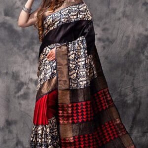 Pure zari border tussar hand block print saree