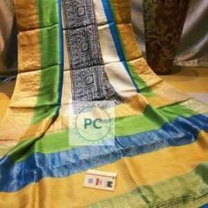 Pure zari border tussar hand block print saree