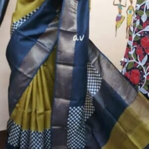 Pure zari border tussar hand block print saree