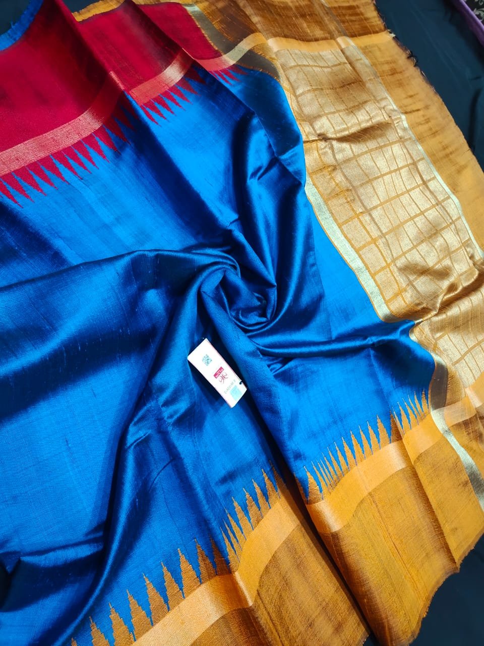 Turquoise and Red Pure Raw Silk Saree with Tissue Zari Border | SILK M –  Shobitam