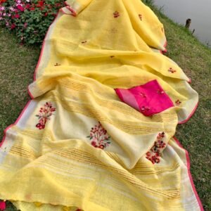 Pure linen hand embroidery saree